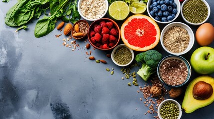 Healthy food clean eating selection: fruit, vegetable, seeds, superfood,