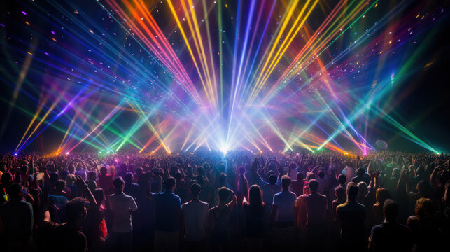 Crowd of dancing people on rave, in nightclub or disco party, laser show, colorful lights