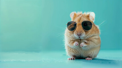 Cute Hamster Wearing Sunglasses Against A Cyan Background With Copy Space For Text Or Design - obrazy, fototapety, plakaty
