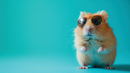 Cute Hamster Wearing Sunglasses Against A Cyan Background With Copy Space For Text Or Design