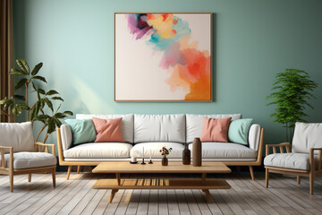 An aesthetically pleasing interior living room mockup with a blend of solid colorful details and an empty frame, offering a sophisticated and well-designed setting for your messaging.