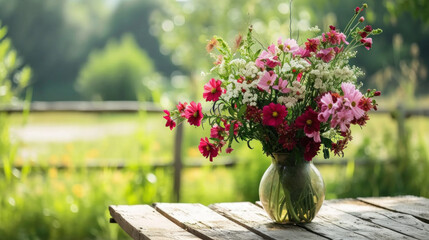 Bunch of wild field flowers on table, summer scenery, natural green garden background