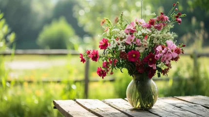 Fototapeten Bunch of wild field flowers on table, summer scenery, natural green garden background © Kondor83
