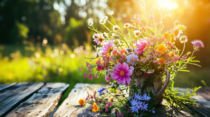 Bouquet of field flowers in vase, green blooming field, warm sunrise light, summer colorful bokeh