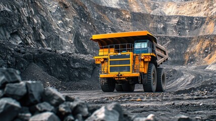 Open pit mine industry, big yellow mining truck for coal anthracite