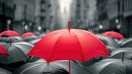 Red umbrella on top of other gray umbrellas on city background. Business and safety concept