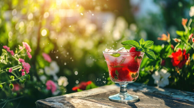 Red raspberry cocktail with soda and ice, green sunny summer garden background