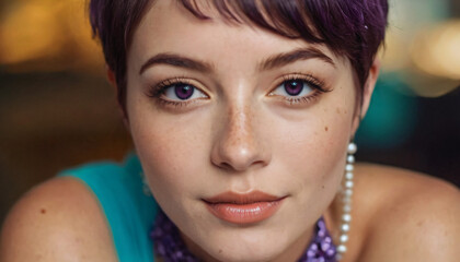 Young Woman with Freckles, Joyful Smile, Violet Eyes, and Short Pixie Cut - Bold Makeup Portrait in Bright Studio