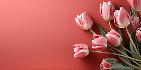 Pink Tulip flowers in the photo on a pink background. generative AI