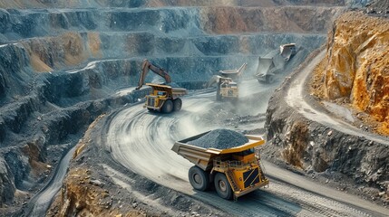 Work of trucks and the excavator in an open pit on gold mining,