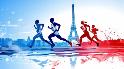 Fototapeten Paris olympics games France 2024 ceremony running sports Eiffel tower torch artwork painting commencement © The Stock Image Bank