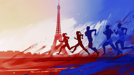 Paris olympics games France 2024 ceremony running sports Eiffel tower torch artwork painting commencement
