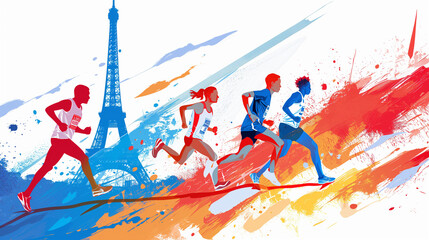 Paris olympics games France 2024 ceremony running sports Eiffel tower torch artwork painting...