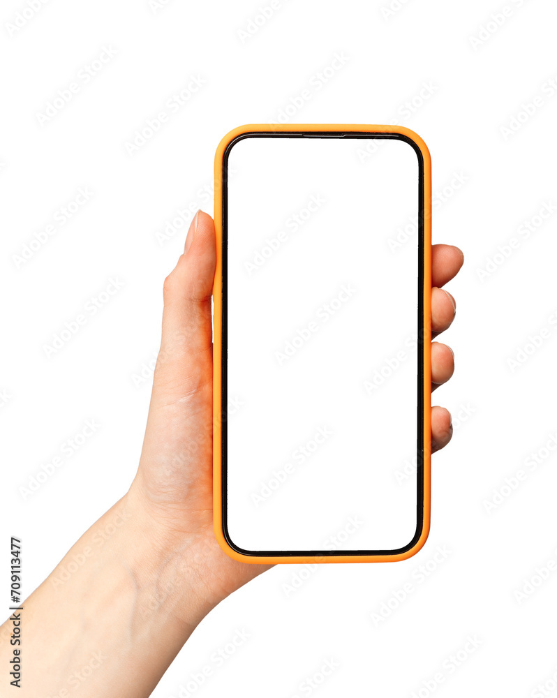 Poster mobile phone screen mockup in case. hand holding smartphone display mock up isolated on white