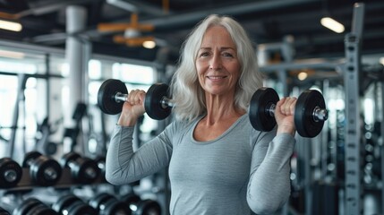 woman exercising with dumbbells. an old woman with two dumbbells in the a gym, 