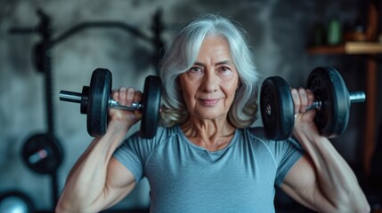 Fototapeta na wymiar woman lifting weights, elderly woman holding dumbbells while lifting them,
