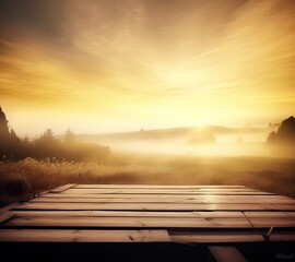 empty vintage table for product display montage with golden sunrise over misty hills
