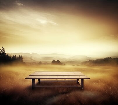 empty vintage table for product display montage with golden sunrise over misty hills © Riz