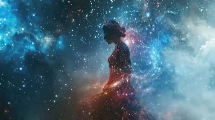 Foto op Plexiglas Woman wearing a galaxy dress in a colorful space nebula, Starry night cosmos. Astronomy the science of the universe. Supernova background wallpaper © RIZKI MAULANA