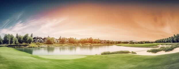 Sunrise Serenity at the Lakeside Golf Course Landscape - obrazy, fototapety, plakaty