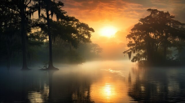 Mystic foggy panorama of beautiful sunrise over lake at sunset day. Generate AI image