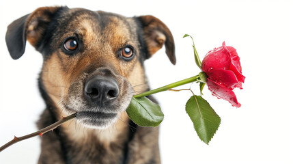 Close-up of a dog Carrying a single red rose in his mouth