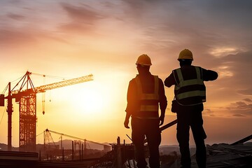 Silhouette of Engineer and worker with clipping path on building site, construction site at sunset in evening time.