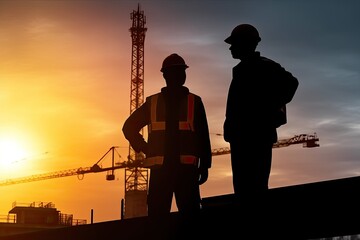 Fototapeta na wymiar Silhouette of Engineer and worker with clipping path on building site, construction site at sunset in evening time.