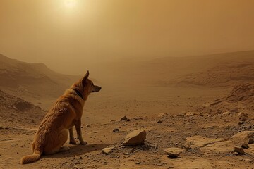 Lonely dog on planet Mars, stunning scenic visual