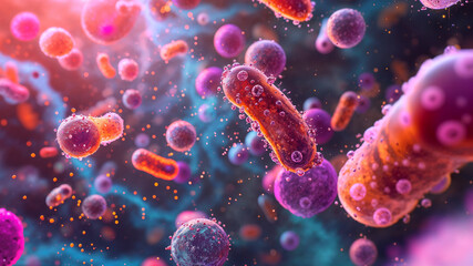 Fototapeta premium Abstract bacteria, probiotics, gram-positive bacteria and viruses of various shapes against a dark background. Microbiology science and medicine background.