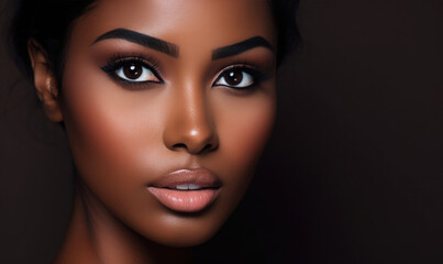 Fototapeta na wymiar Extreme closeup of the face of a gorgeous black woman model. Skincare and cosmetics photoshoot. 