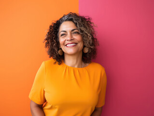 Middle aged hispanic and latina woman in her 50s smiling happily. Colorful orange and purple background, bright clothing.