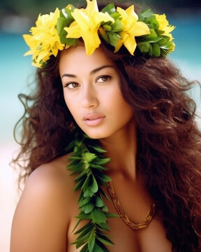 Native hawaiian young woman wearing a traditional flower crown and necklace 