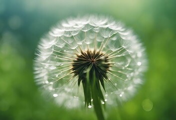 Beautiful dew water drop on a dandelion flower on blurred green background macro Soft dreamy eleganc