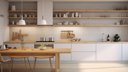 Fototapeta na wymiar clean scandinavian simple minimalist kitchen design with wooden dining table, open shelving, and contemporary appliances.