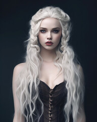 Fototapeta premium Illustration of a gothic victorian girl with long and braided white hair looking at camera. Dark background
