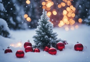 Fototapeta na wymiar Beautiful Festive Christmas snowy background with holiday lights Christmas tree decorated with red b