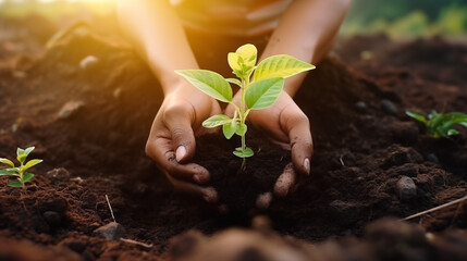 holding a small tree in hand with fertile soil and sunlight Ecological concept
