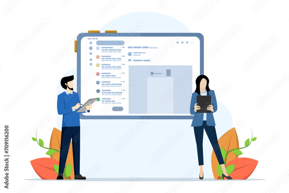 Poster businessman with mailing list tablet sending email. mailing lists for sending email campaigns, sendi