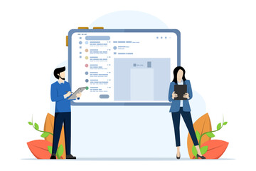 businessman with mailing list tablet sending email. Mailing lists for sending email campaigns, sending promotions or communicating draft marketing messages, email subscription management software.