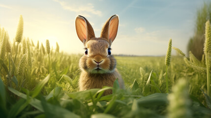 Fototapeta premium rabbit in the meadow Light shines through in the evening.