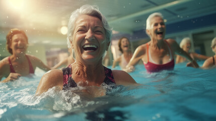 Elderly woman enjoying exercise class in pool Living a healthy retirement life in old age - Powered by Adobe