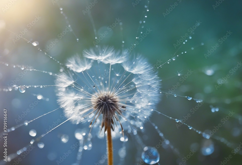 Poster flower dandelion seeds in drops dew rain sparkle in rays light close-up macro abstract art backgroun