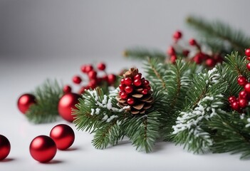 Festive Christmas border isolated on white background Fir green branches are decorated with red star