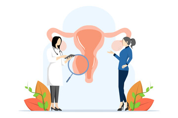 Doctor examines uterus with magnifying glass to treat endometriosis. endometriosis treatment concept, Endometriosis, endometrial dysfunctionality. modern flat vector illustration.