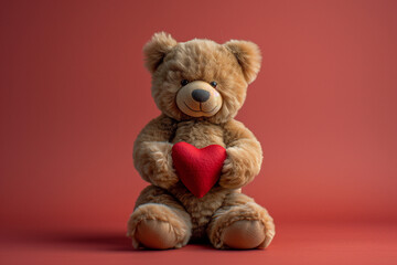 A cute teddy bear holding a red love heart, studio shot against a red background. Generative ai