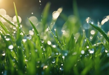 Large water drop rain dew in spring summer grass close-up macro Young juicy green Shoots sprouts of