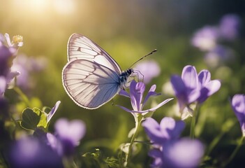 Purple butterfly on wild white violet flowers in grass in rays of sunlight macro Spring summer fresh