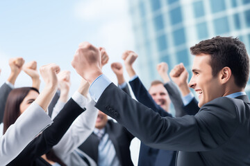 Acknowledging and rewarding employee efforts and achievements, Expressing joy group of business people