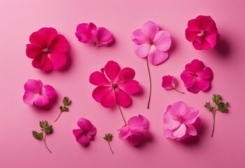 Fototapeta na wymiar Set of pink flowers and geranium petals Floral isolated design element top view flat lay Set of pink
